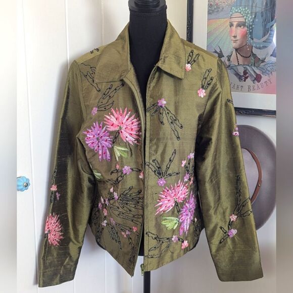 VTG Anage Green Silk Floral Embroidered Beaded Jacket M Boho Fairy Whimsical - Picture 1 of 11